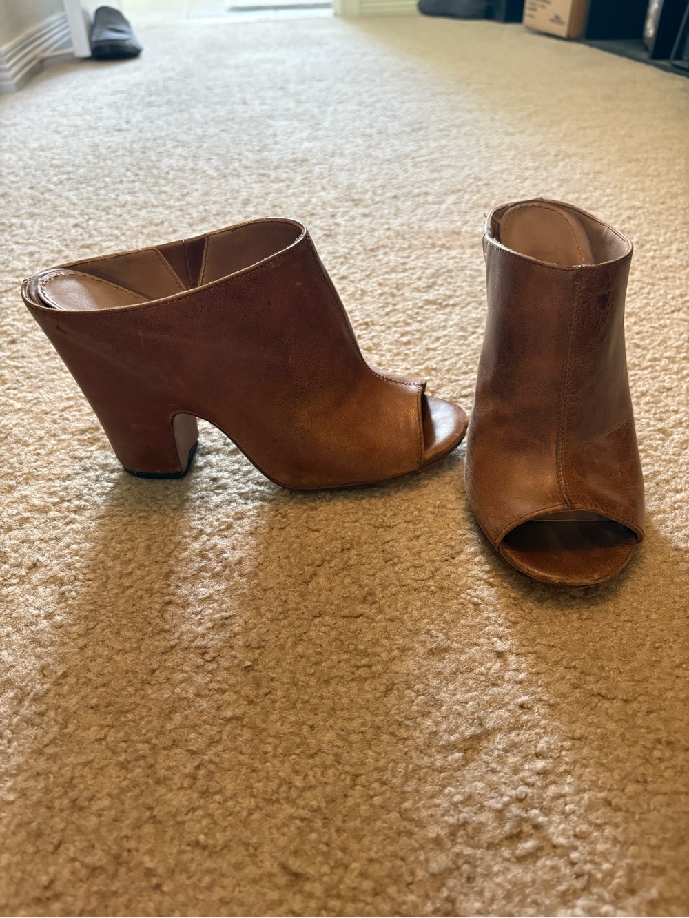 Nicole Tan Brown Leather Open-Toe Mule Heels